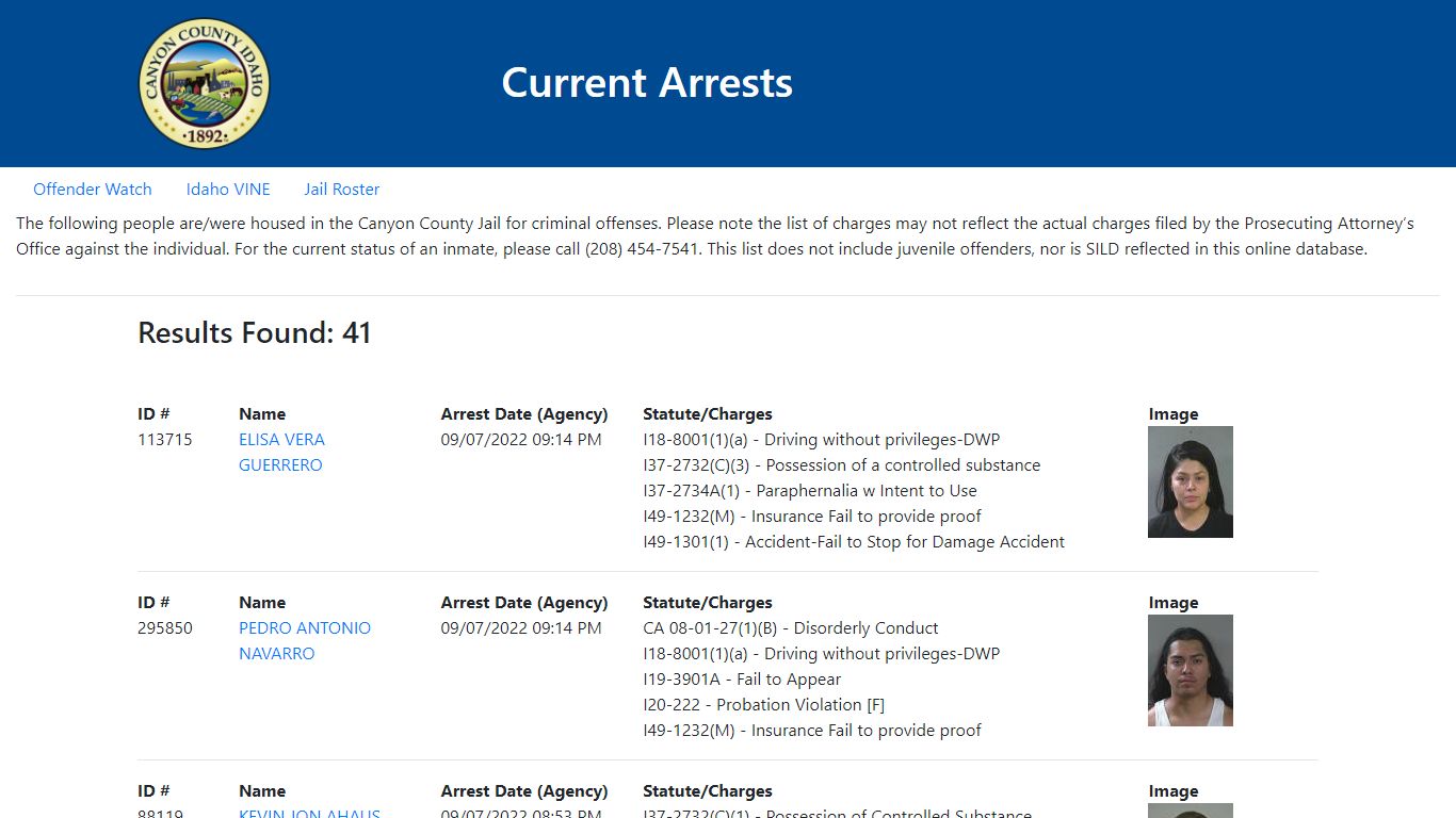 Current Arrests - Canyon County, Idaho